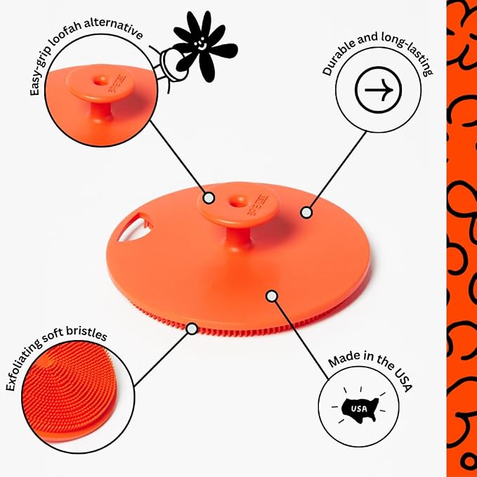 Boie USA Body Scrubber with Handle - Hygienic, Exfoliating Loofah Alternative - Feels Like Silicone Scrubber Gentle on Sensitive Skin, Hypoallergenic, BPA & Latex-Free, Made in the USA (Orange)