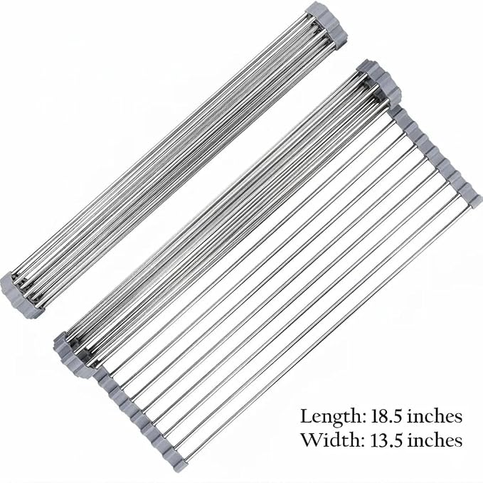 Over-The-Sink Roll Up Dish Drying Rack, 18.5" x 13.5" Foldable Stainless Steel Dish Drainer Mat, Sink Cover & Heat-Resistant Kitchen Organizer (Grey)