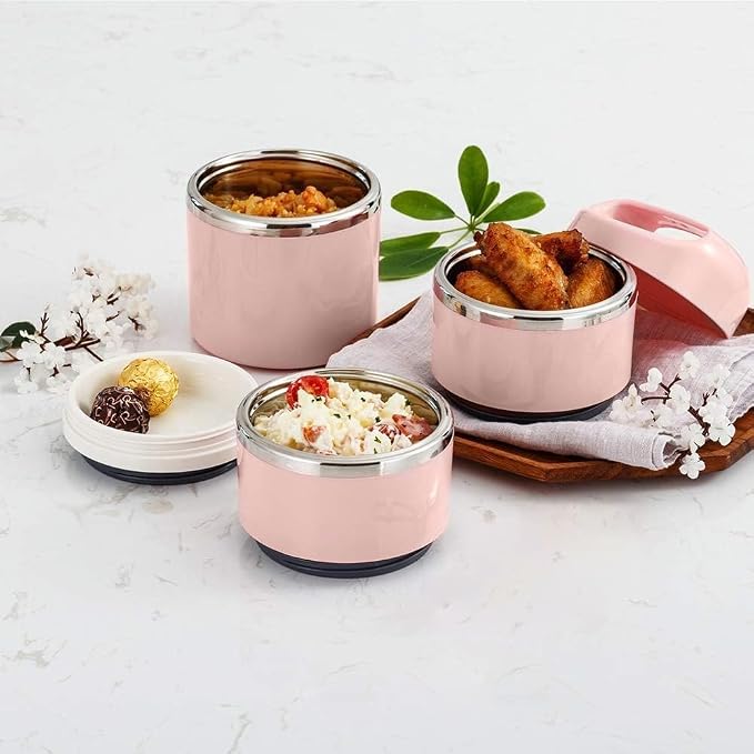 Lille Home Stackable Stainless Steel Thermal Compartment Lunch/Snack Box, 3-Tier Insulated Bento/Food Container with Lunch Bag, Utensils Set and Three Extra Seals, 43OZ (Gold with Utensils)