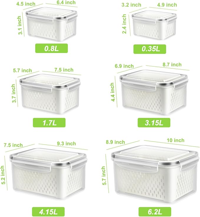 TBMAXS 6 Pack Fruit Storage Containers for Fridge, Produce Saver Vegetable Container with Drain Colanders - Refrigerator Organizer for Lettuce Keepers Berry Container