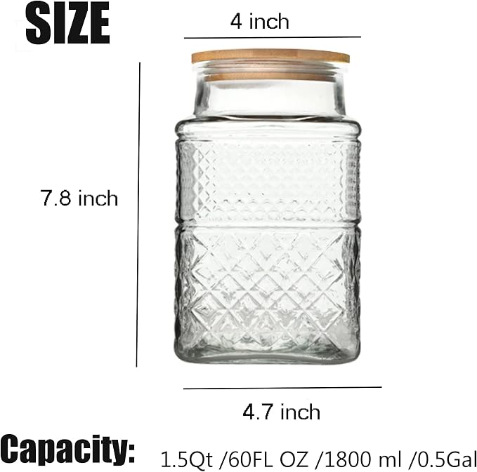 Large Glass Storage Jar, 60 FL OZ Glass Food Storage Containers with Bamboo Lid, Kitchen Laundry Room Organization Jar for Cookies Coffee Flour Sugar Laundry Pods Detergent Airtight Glass Jars