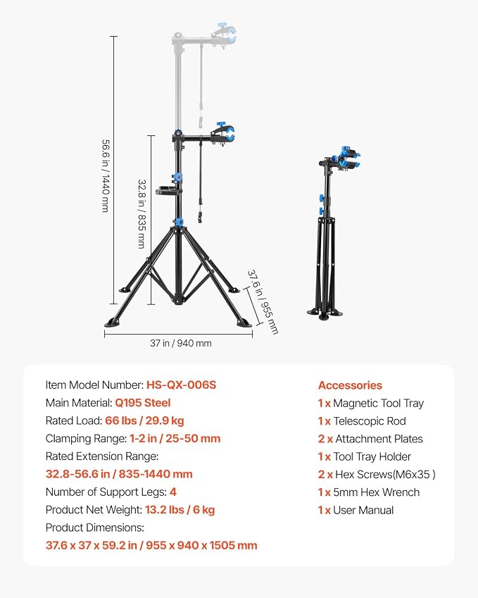 VEVOR Bike Repair Stand, 66 lb Heavy-duty Bicycle Work Stand with 32.8-56.6 in Adjustable Height & Magnetic Tool Tray, Foldable Bicycle Maintenance Rack, Shop Home Mechanics for Mountain & Road Bike