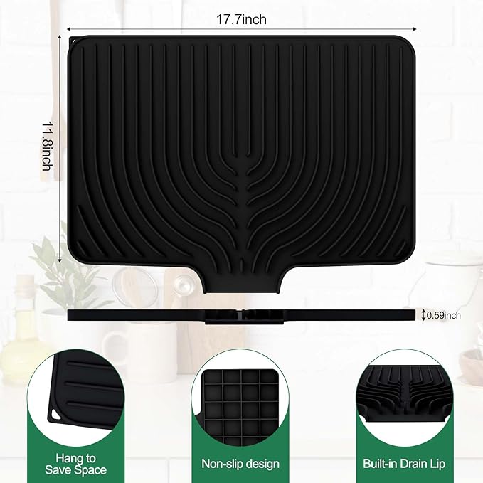GUUKIN Silicone Dish Drying Mat,17.7" x 11.8 " Drying Matt Kitchen Counter, Dish Drying Rack Mat, Easy Clean Pad for Countertop Protection, Multi-Functional Use, Not applicable Bumps up sink (Black)