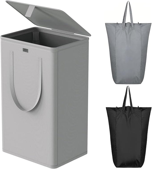 WOWLIVE 100L Laundry Hamper with Lid, Tall Dirty Laundry Basket for Dorm | Large Collapsible Dirty Clothes Hamper with 2 Removable Bags and Handles for Laundry Room, College Dorm, Grey