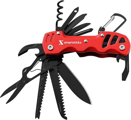 16-in-1 Multi Tool Tactical Survival Knife – Camping Gear, Red | Fish Scaler, Bottle Opener, Scissors, Saw, Screwdrivers, Keychain Ring, Anti-Oxidation Coating, Compact EDC Pocket Size