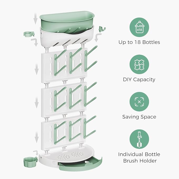 Momcozy Baby Bottle Drying Rack, 18 Bottles Vertical Space Saving | Ventilated Drying for Baby Accessories & Pump Part, BPA-Free Food-Grade, Detachable Travel, Easy Clean, Sturdy Base