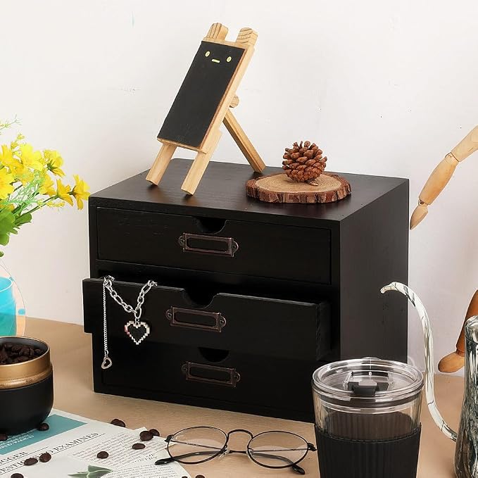 Small Wooden Drawers Wooden Box with Drawer Black | 3 Drawer Storage Box for Apothecary Cabinet, Apothecary Drawers，Desktop Organizer with Metal Handles for Office，Home