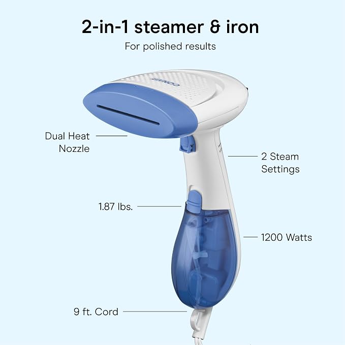 Conair Handheld Garment Steamer for Clothes, ExtremeSteam 1200W, Portable Handheld Design,White/Blue