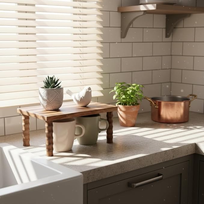 Small Kitchen Counter Shelf Acacia Wood Cabinet and Desktop Counter Riser Coffee Station Organizer Display Stand Shelf for Top of Desk Home Office Bathroom