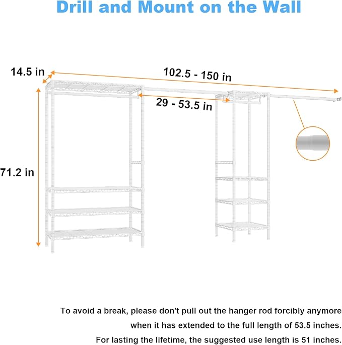 Ulif E11 Heavy-Duty Garment Rack, Metal Freestanding Clothes Rack and Closet Storage Organizer with 8 Shelves and 4 Hanger Rods, (73.2-97.6)" W x 14.5" D x 71.2" H, Load 1034 LBS, White