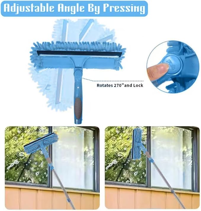 68'' Window Squeegee Cleaner Kit - 2-in-1 Rotatable Window Cleaning Tool with Extension Pole, Professional Streak-Free Squeegee with Bendable Head for Indoor/Outdoor Windows Car Glass (Blue, 38.45FT)