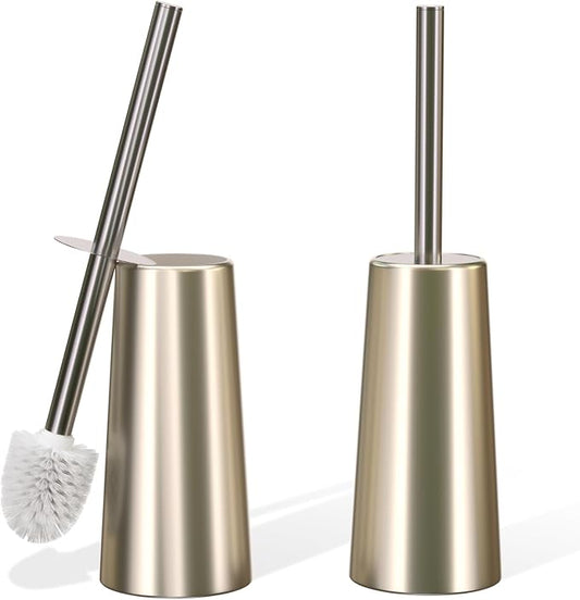 2 Pack Toilet Brush and Holder-with 304 Stainless Steel Long Handle-Toilet Bowl Brush for Bathroom (Champagne Gold)