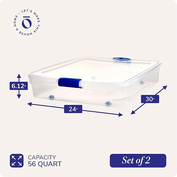 HOMZ 56 Quart Clear Plastic Underbed Storage Bins, Pack of 2 Large Organizer Containers with Secure Latching Lids, Easy Grip Handles and 4 Gliding Wheels, Stackable and Nestable