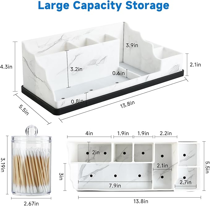 Bathroom Counter Organizer,Toothbrush Holder with 2PCS Qtip Holder Dispenser,Stylish Countertop Bathroom Sink Caddy and Toothpaste Holde,Counter Vanity Organizer for Toiletries and Accessories