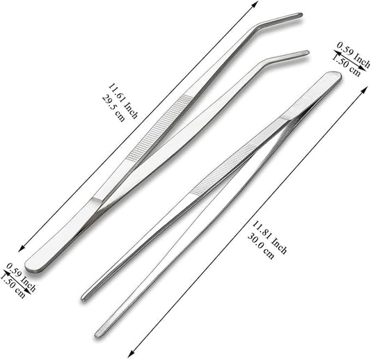Berglander Kitchen Tweezers Tongs 2pcs, 12" Extra-Long Stainless Steel Metal Heavy Duty Cooking Tweezers for Chef, Serving Food, Grill, Culinary, Pasta, Salad, BBQ