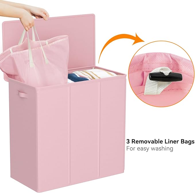 WOWLIVE 180L Laundry Hamper 3 Section, Large Laundry Basket with Lid | Dirty Clothes Hampers with Removable Bags and Handles, Collapsible Laundry Basket Organizer for Dorm Room, College, Pink