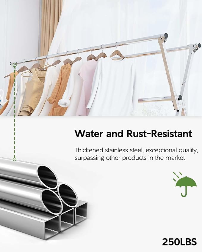 Vikaqi Clothes Drying Rack 79" Folding Indoor Outdoor, Drying Rack Clothing | Collapsible, Foldable Laundry Drying Rack, Heavy Duty Stainless Steel Clothesline, Garmet Rack, 20 Hooks 12 Clips