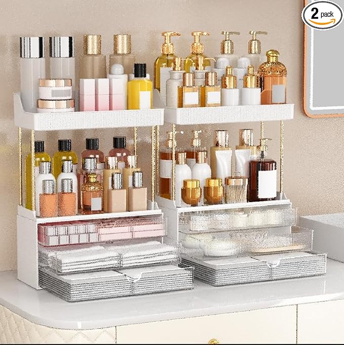 caktraie 2 Pack Bathroom Counter Organizer - 3 Drawers Makeup Organizer, Cosmetic Storage Drawer for Dresser Countertop and Bathroom Vanity for Large Skincare, Perfume, Clear