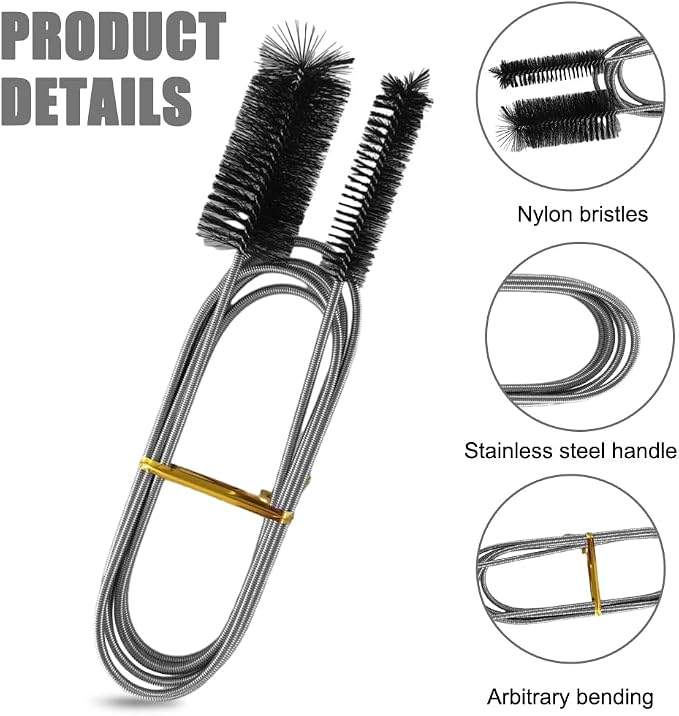 2pcs Flexible Long Drain Brush Set, Hose Pipe Stainless Steel Nylon Bristles Brushes with Dual Heads Tube Cleaner Brush for Kitchen, Sink, Drain Pipe, and Pipe Cleaning Tool