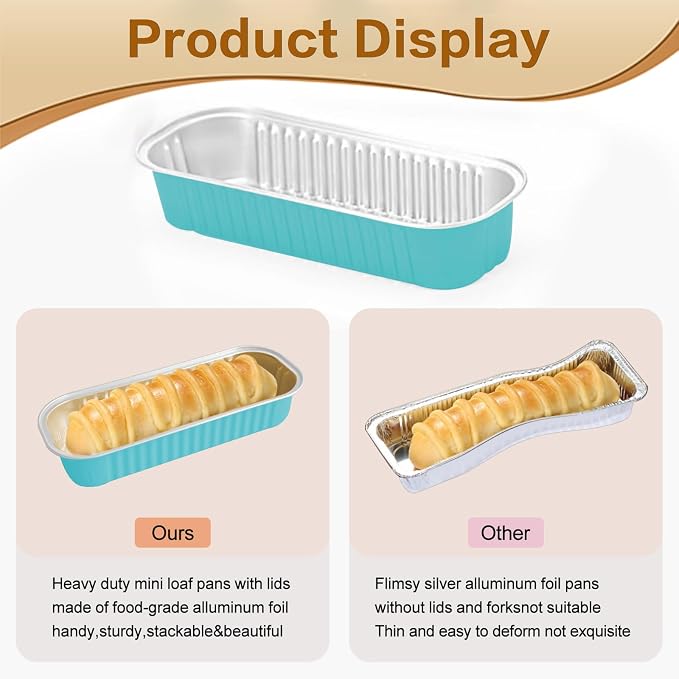 Mini Cake Pans with Lids and Spoons 200 Pack, Mini Loaf Pans with lids 6.8oz, Small Disposable Aluminum Foil Loaf Pans, Rectangular Baking Container for Party, Picnics and Housewarming (Blue)