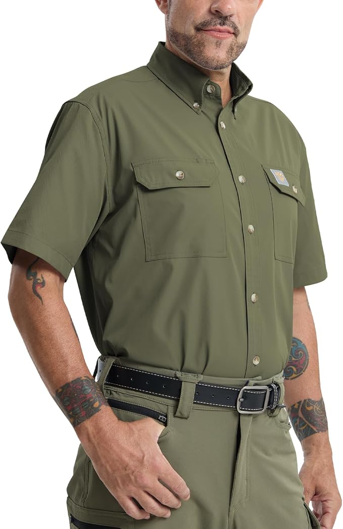 Mens Regular Fit Work Utility Shirt Midweight Short Sleeve Work Wear | Midweight stretch work shirt with reflective trim, 2 secure chest pockets, moisture-wicking comfort, easy-care fabric