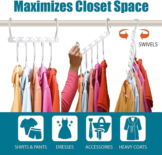 Wonder Hanger Max 20-Pack Space-Saving Hangers, 360° Hooks, White | Maximize closet space with 20 assembled cascading hangers and reinforced 360° swivel hooks—ideal for dorms and storage.