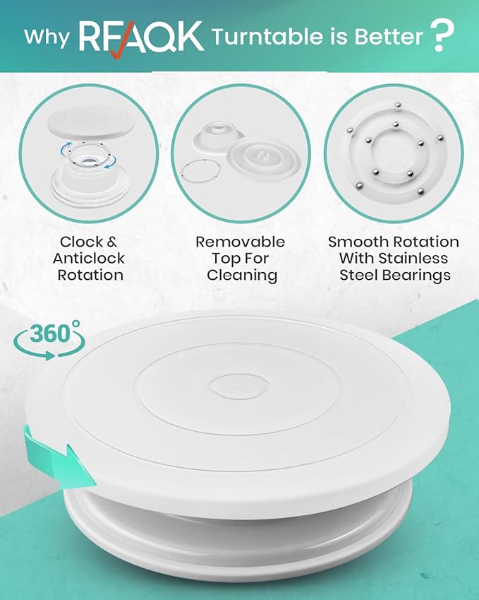 RFAQK 90PCs Cake Decorating Kit with Leveler, Baking Supplies Gift Includes Cake Stand Turntable, 24 Numbered Icing Tips, 55+1 Piping Bags, 2 Frosting Spatulas, 3 Scrappers, Video Course & Booklet
