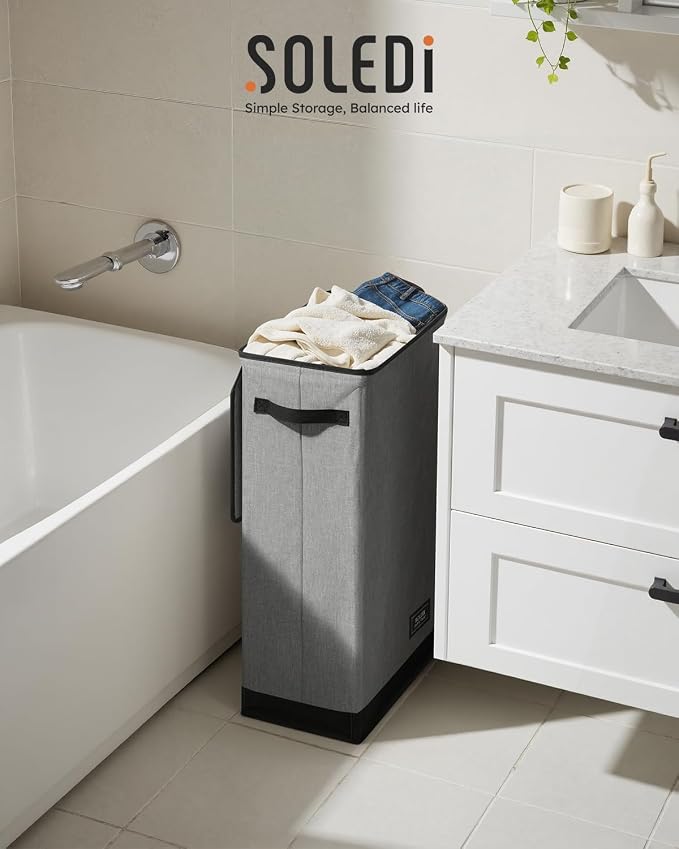 SOLEDI Slim Laundry Hamper with Lid, Narrow Laundry Basket with Removable Bags, Dirty Clothes Hamper with handle, Small Hamper perfect for Laundry room, Bathroom, Bedroom, Small spaces. 70L Grey