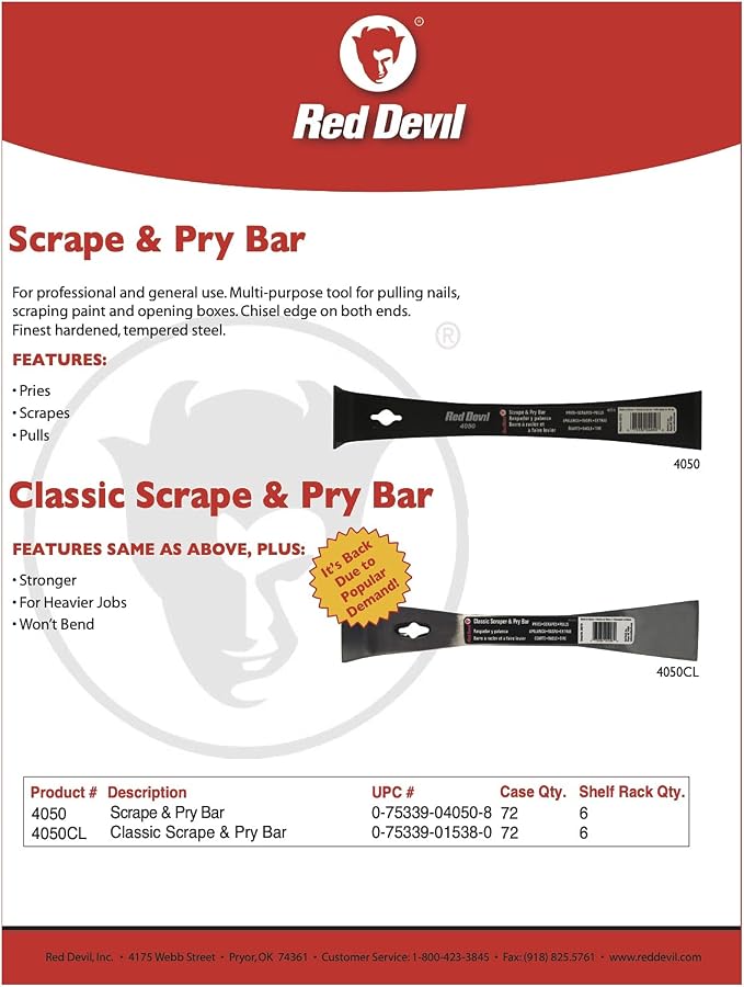 Red Devil 4050CL Classic Scrape & Pry Bar - Heavy-Duty Multi-Purpose Tool, Hardened Steel Construction, Dual Chisel Edges, Pack of 6