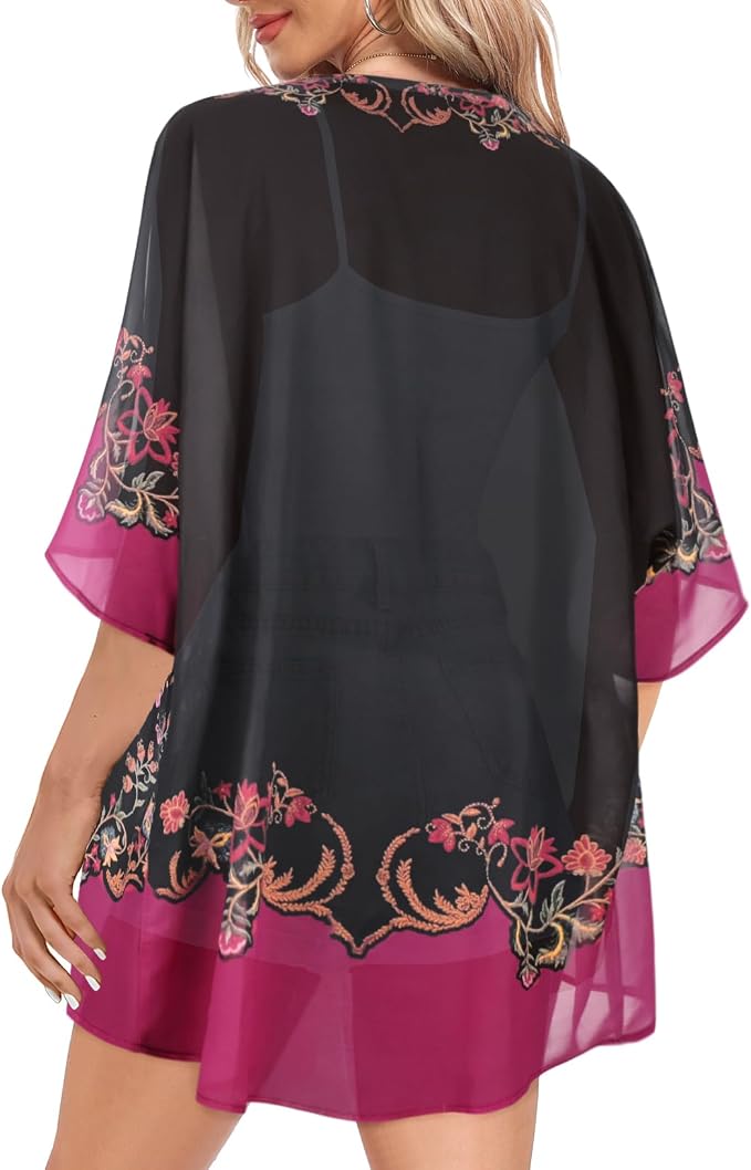 Women Kimono Cardigans Summer Cover Up Hawaiian Shirts Floral Print Tops | ROSEMIA chiffon kimono open front cardigans, beach cover ups, daily casual tops, cruise outfits, summer resort wear