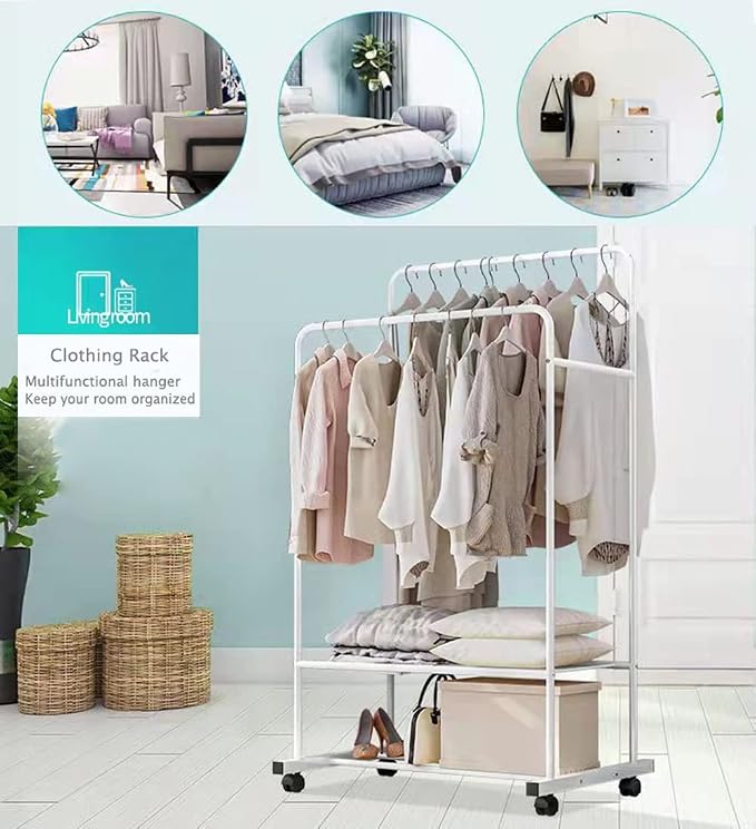Clothing Garment Rack with Shelves, Upgraded Length Cloth Hanger Rack Stand on Wheels, Clothes Drying Rack with Two Rod(31.5inch White)