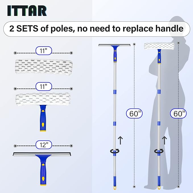 ITTAR Window Squeegee with 2 Sets Separate Pole, 12" Rubber Squeegee and 11" Microfiber Pads, 60"-73.6" Telescopic Window Cleaning Kit with Rotating Head for High Windows, Shower Glass, Car Windshield
