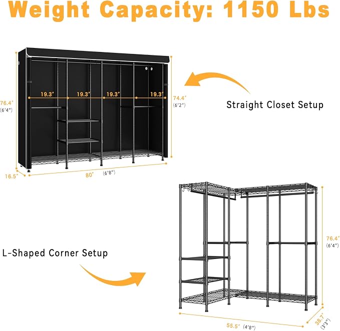 ULIFHOME Clothes Rack with Cover, Large Clothing Racks for Hanging Clothes | H41C Heavy Duty Garment Rack, Adjustable Shelves and Rods, Max Load 1150 Lbs, Black Portable Closet Rack with Black Cover