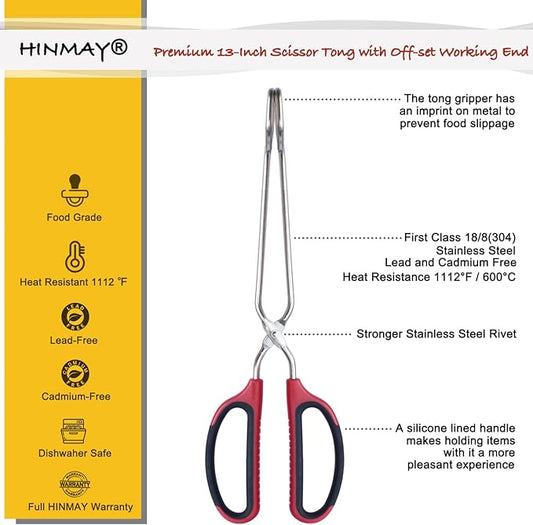 HINMAY 13-Inch Stainless Steel Scissor Tongs with Comfort-Grip Handle