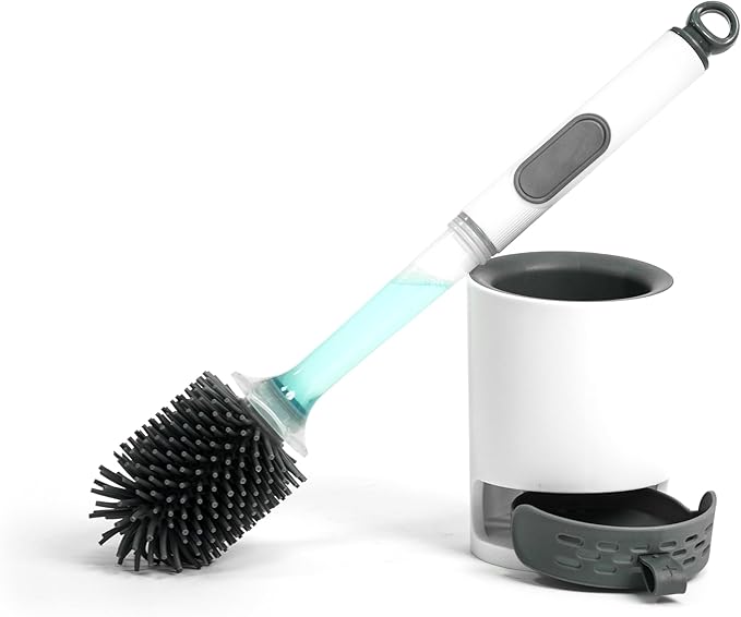 GREATLINK Silicone Toilet Brush with Holder, Non-Scratch Bendable Toilet Brush Scrubber for Curved Rim, Drip-Proof & Space Saving, Includes Adhesive Mount