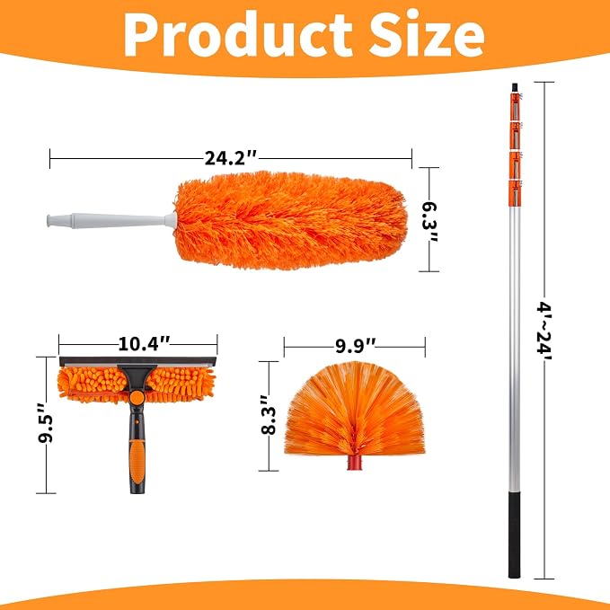 4-24 Ft High Reach Window Washing Kit with Extension Pole, Window Squeegee & Microfiber Scrubber, Ceiling Fan Duster & Feather Duster for High Ceiling, Furniture & Home Cleaning