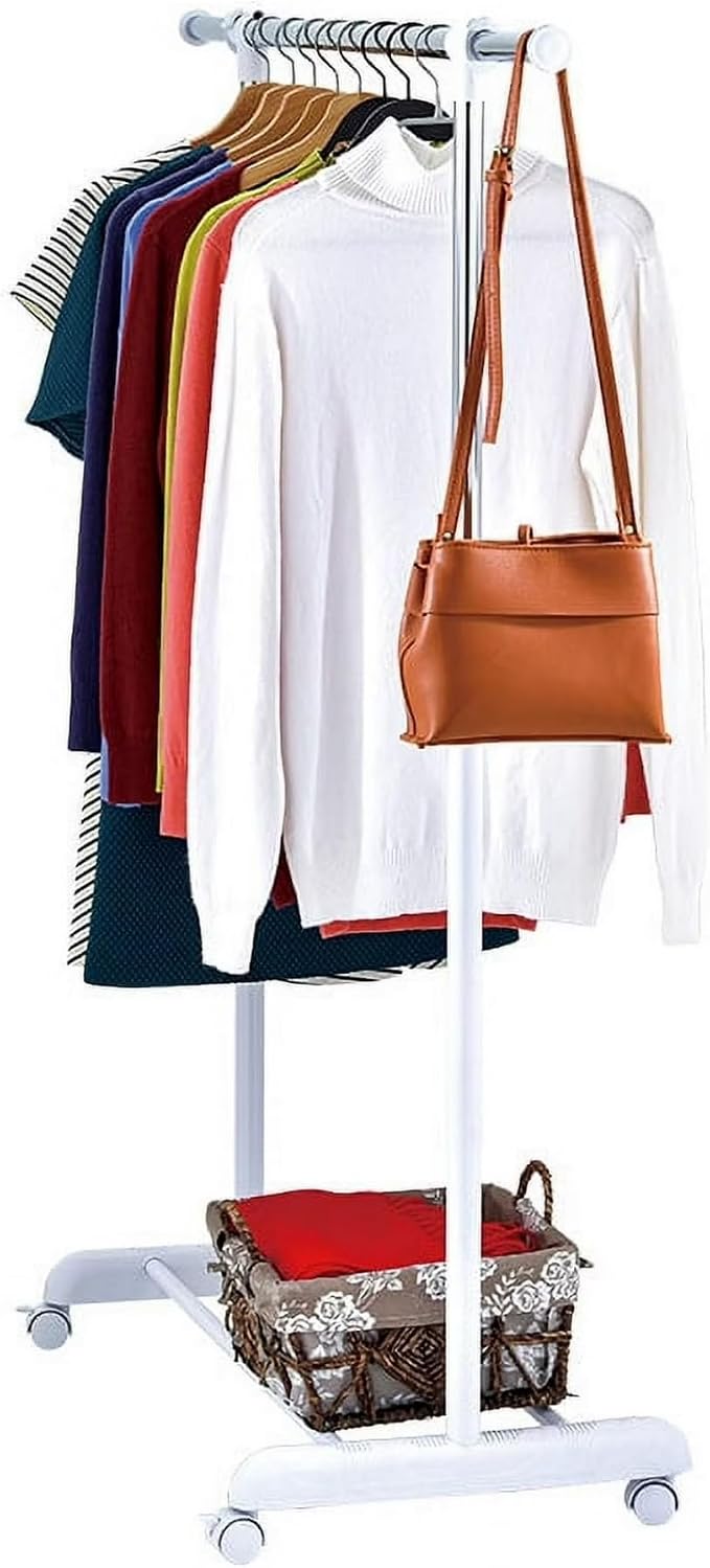 Adjustable Rolling Garment Rack 84-121cm Wide, Chrome White with Wheels | Sturdy steel, tool-free setup; height adjusts 123.5-163cm; smooth casters; ideal for bedroom, closet & laundry organization.