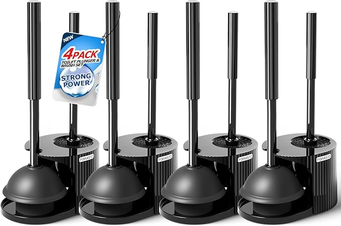 FORASTO 2IN1 Toilet Brush and Plunger Set, 4Pack Long Handle Bathroom Combo | Toilet bowl brush and holder, black bathroom accessories, apartment essentials, cleaning supplies, space-saving storage