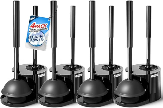 FORASTO 2IN1 Toilet Brush and Plunger Set, 4Pack Long Handle Bathroom Combo | Toilet bowl brush and holder, black bathroom accessories, apartment essentials, cleaning supplies, space-saving storage