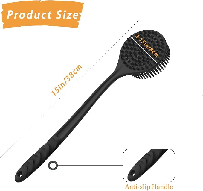 Silicone Back Scrubber for Shower, 17in Lengthen Long Handle Body Brush, Double Sided Shower Brush for Shower Exfoliating and Massage,Includes 2 Hooks (Black)