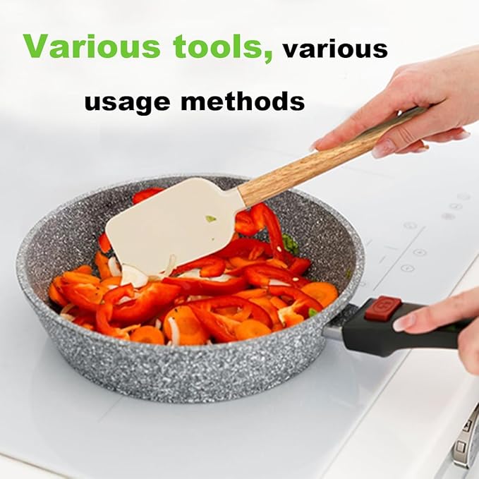 3-Piece Heat Resistant Silicone Spatula Set for Baking - Wooden Handle Spatula Baking Spatula, Non-Stick for Cooking, Mixing, Frosting & Jams (Beige)