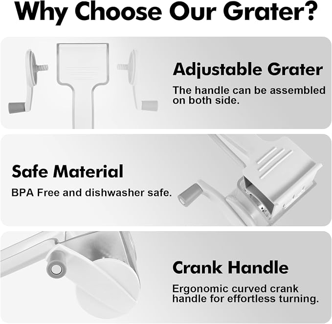 GDL Cheese Grater Hand Crank, Kitchen Rotary Grater Handheld, Dishwasher Safe Parmesan Cheese Grater with Stainless Steel Blade for Hard Cheese,Chocolate,Nuts (White+Grey)