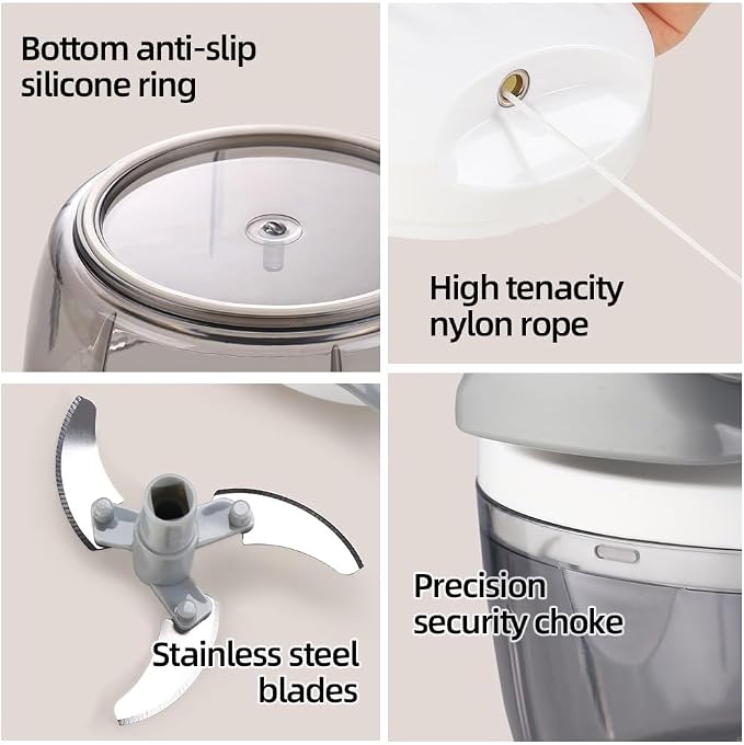 Manual Food Processor Vegetable Chopper 2.3 Cup Small Mini Hand Pull String Onion Chopper Garlic Mincer Cutter with 3 Stainless Steel Blades - White
