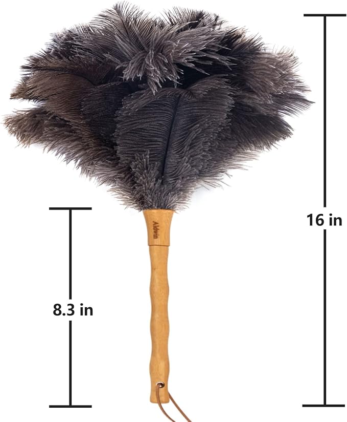 Aldwin 16" Gray Ostrich Feather Duster for Cleaning with Wooden Handle | Genuine Natural Fluffy Ostrich Feather Handheld Duster, Reusable and Washable, Cleaning Supplies for Home, Car, Office, Desk