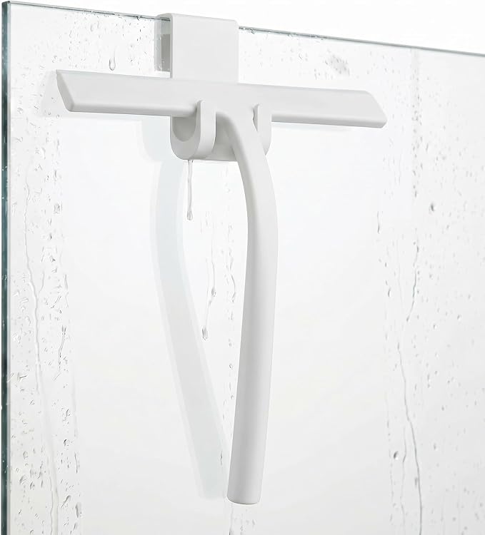 Shower Squeegee for Glass Doors, Mirror Window Tile Scrubber Cleaner with Hook Silicone (White)