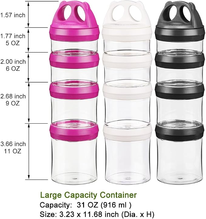 BeneLabel Stackable Food Storage Containers with Twist Lock System - BPA-Free Tritan Containers for Travel, Formula, Protein Powder, Snacks - Leakproof & Dishwasher Safe (Red&Blue&Black, 31oz per)