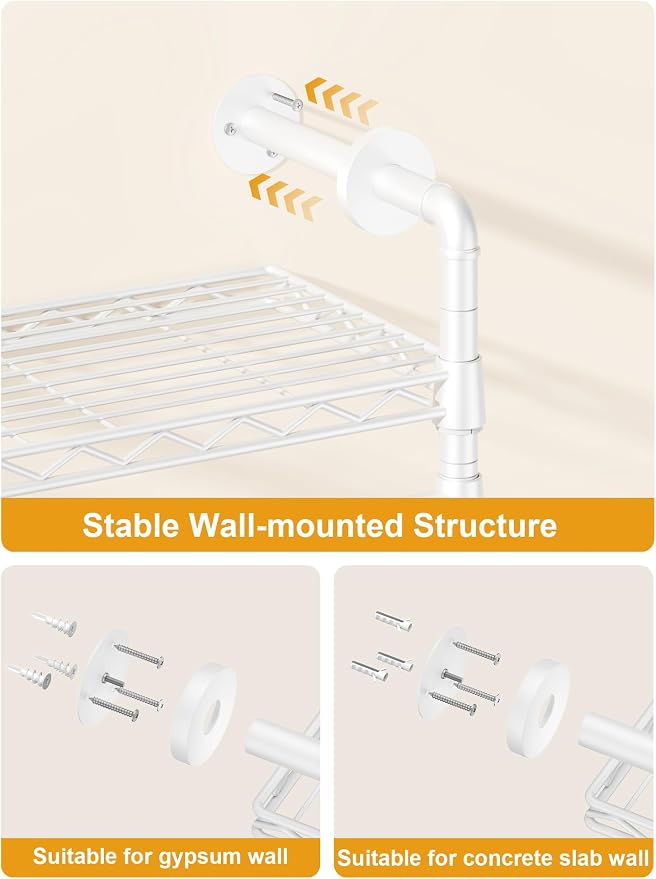 ULIFHOME M6 Clothes Rack for Wall Mounted, Heavy Duty Closet Wardrobe System with 8 Shelves and 4 Hanger Rods, 68.5" W x 11.8" D x 86.6" H Clothing Storage Organizer for Holding 1064lbs, White