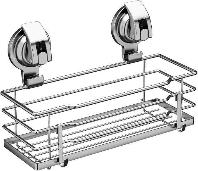 TESOT Suction Cup Shower Caddy, Shower Shelf Soap Dish with Hooks for Razor, Sponge, Rust Proof 304 Stainless Steel, Silver