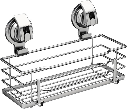 TESOT Suction Cup Shower Caddy, Shower Shelf Soap Dish with Hooks for Razor, Sponge, Rust Proof 304 Stainless Steel, Silver
