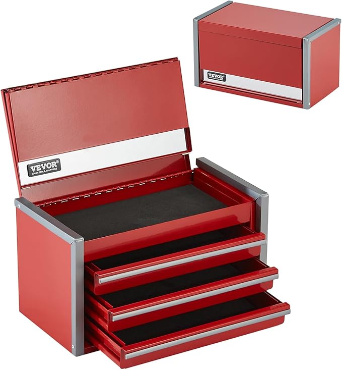 VEVOR Metal Tool Box, 8.6-inch, Portable Metal Tool Box with 3 Drawers, Small Tool Chest with EVA Liners and PP Feet Pads, Heavy-Duty Steel With Ball Bearing Opening and Powder Coated Finish, Red